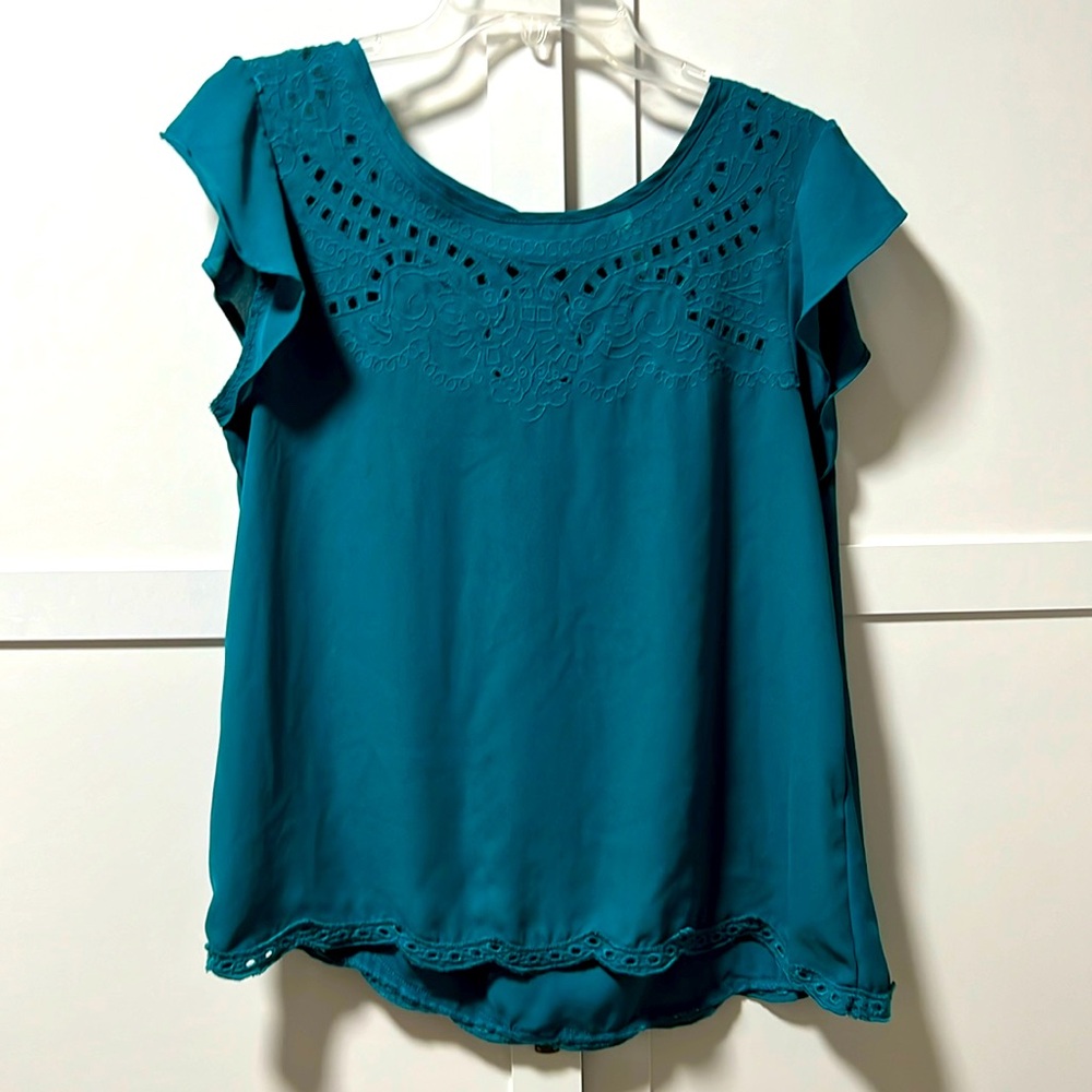 Teal Lace Detailed Neck Line with Scalloped Lace Bottom and Gold Zippered Back